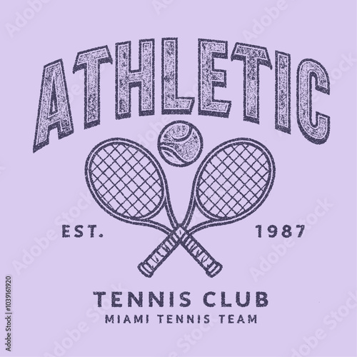 Vintage artwork for sportswear. Sport logo. Sunday tennis club vector t-shirt design. Tennis club vector t-shirt design. Racket tournament. Tennis college league. College font. California tennis 