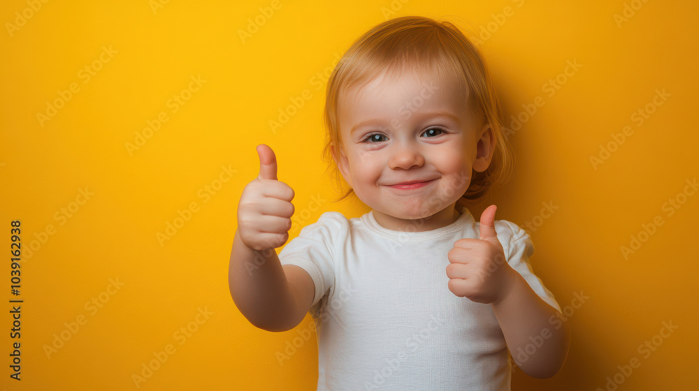 A cheerful child giving thumbs up against a bright yellow background. A cheerful child giving thumbs up against a bright yellow background.