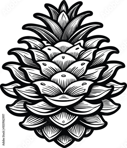 Black and White Pine Cone Engraving - Illustration on White Background