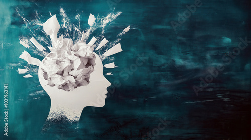 Creative Artwork of a Head with Crumpled Paper Inside, Symbolizing Ideas, Thoughts, and Mental Overload in a Conceptual Art Setting photo