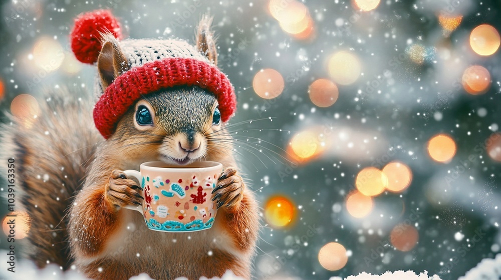 A cheerful cute squirrel in a knitted hat drinks cocoa from a cup A cheerful cute squirrel in a knitted hat drinks cocoa from a cup