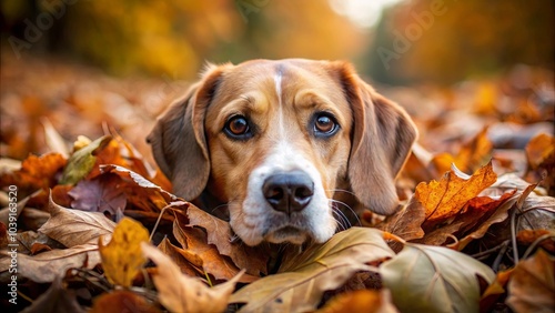 A dog's soulful gaze through a sea of autumn leaves, a moment of tranquility amidst the changing season