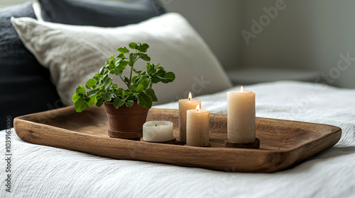 A wooden tray with three burning candles and a potted plant sits on a white bedspread. photo