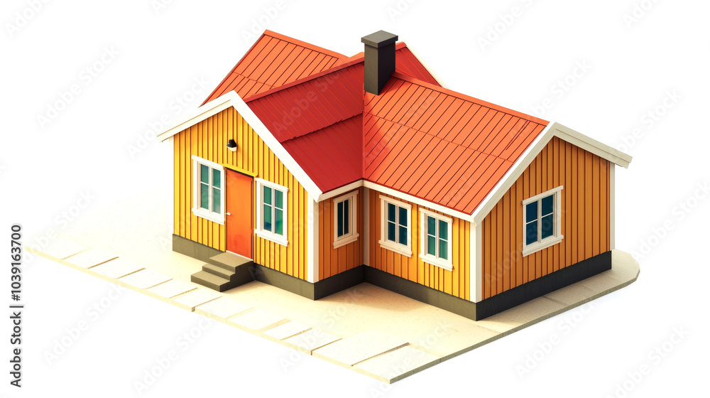 A yellow wooden house with a red roof, a chimney, and a small porch.