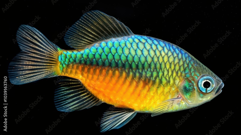 Brightly colored Boesemans rainbowfish glides through the clear waters of New Guinea, showcasing its vibrant hues. Brightly colored Boesemans rainbowfish glides through the clear waters of New Guinea, showcasing its vibrant hues.