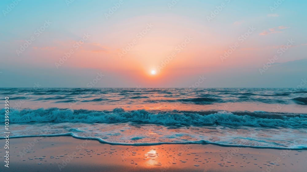 Obraz premium Experience the peace of a tranquil beach at sunset, with soft waves lapping gently under a colorful sky.