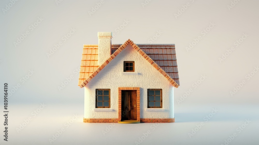 A quaint, small white house with a charming chimney and bright white window sills set against a clean white background. A quaint, small white house with a charming chimney and bright white window sills set against a clean white background.
