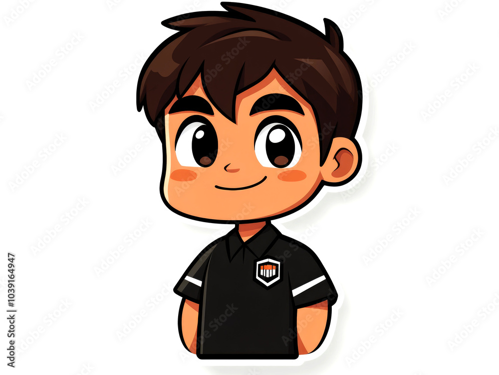 Cartoon illustration of a young man with brown hair wearing a black shirt with a white collar and a white stripe on the sleeves. He is smiling and looking to the right.