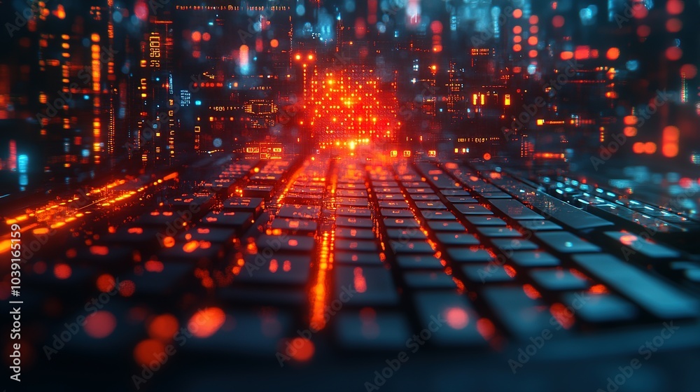 Abstract Cityscape Reflected on a Red-Lit Keyboard