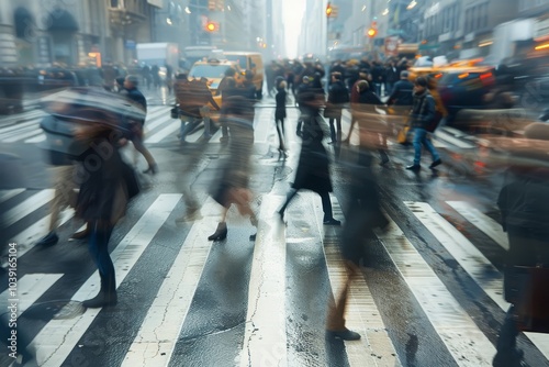 Busy street scene with crowds of Blurred people walking across an intersection in New York City. Blurred people walking. MZ photo
