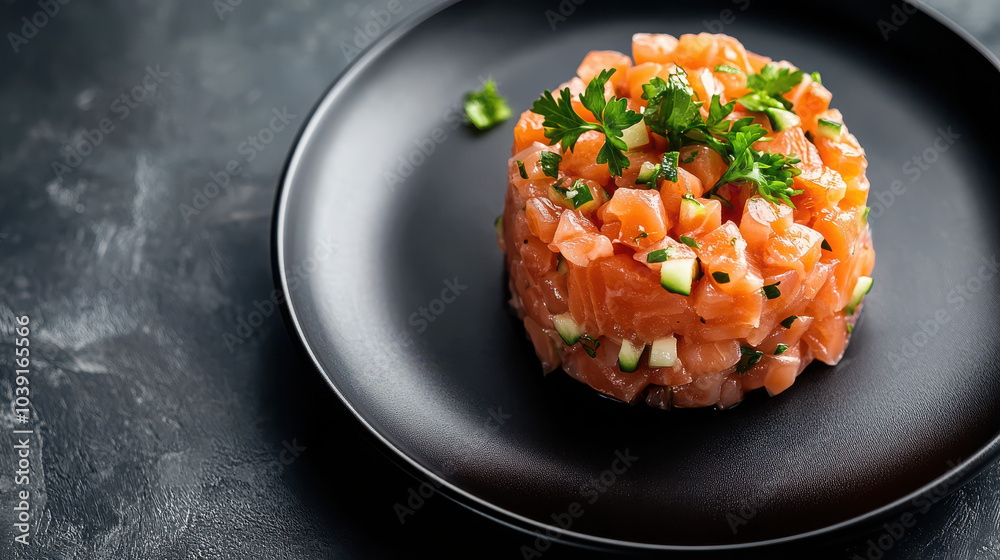 A plate of salmon tartare garnished with herbs and cucumber, showcasing fresh culinary art. A plate of salmon tartare garnished with herbs and cucumber, showcasing fresh culinary art.