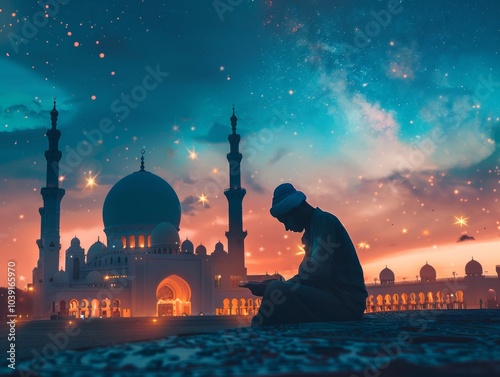 silhouette A man reading quran in front of a mosque in the middle of night - ai