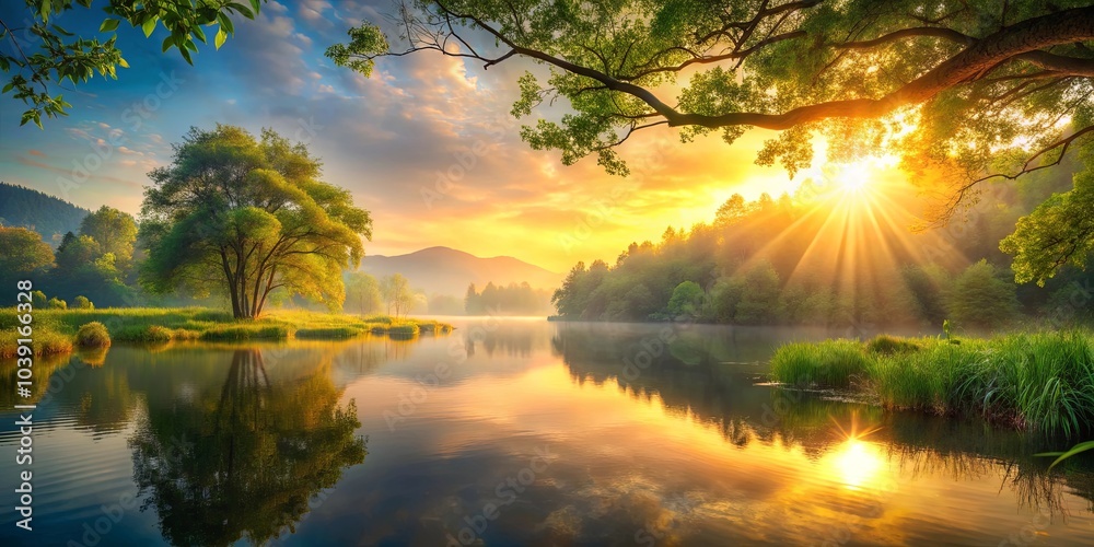 Obraz premium A tranquil lake reflecting the golden hues of sunrise, framed by a tree branch reaching across the water, with a lush green forest in the background, and a misty veil adding an ethereal touch.