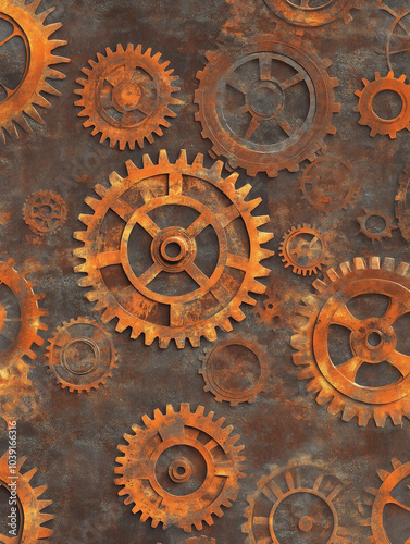 seamless pattern of rusted gears, gears and cogs illustration, industrial, mechanical seamless pattern, engineering, old gears