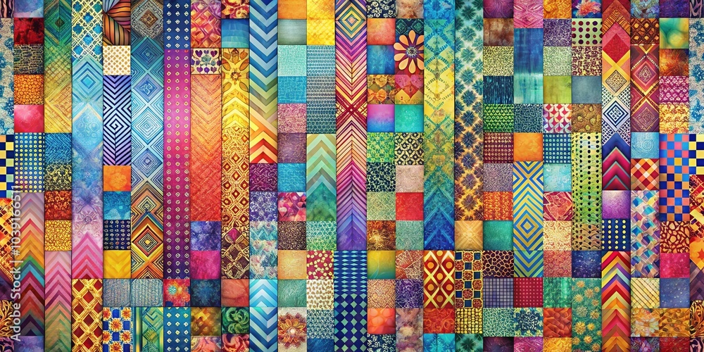 A vibrant patchwork of diverse patterns, each square a miniature canvas of color and texture, creating a mesmerizing symphony of shapes and hues. A vibrant patchwork of diverse patterns, each square a miniature canvas of color and texture, creating a mesmerizing symphony of shapes and hues.