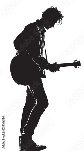 A man playing Guitar silhouette isolated on white background