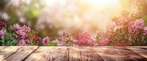 Abstract empty wooden desk tabletop with copy space over spring and summer blurred background,