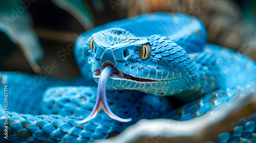 Closeup of a Vicious Blue Viper Snake Aggressively Attacking with Its Bifurcated Tongue in a Lush Tropical Forest Environment  The Snake s Scales and Patterns Create an Exotic and Ominous Appearance