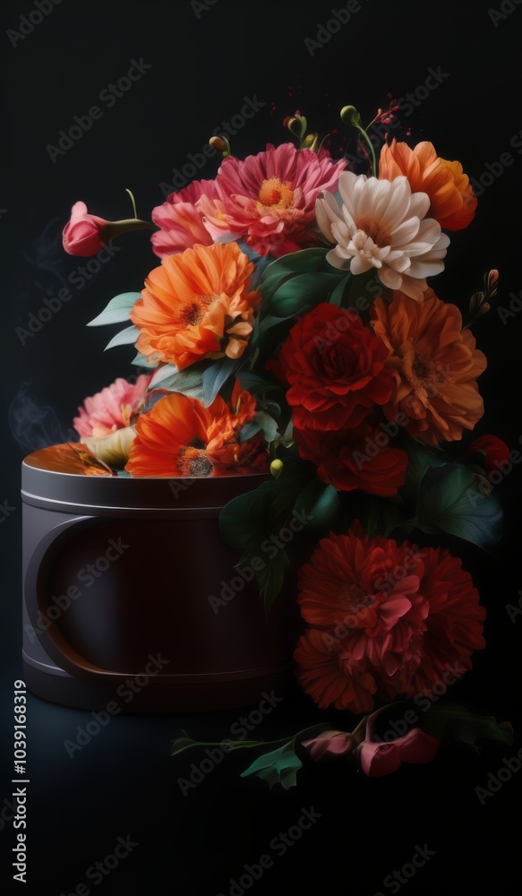 Fototapeta premium a vase with flowers on a table with a black background