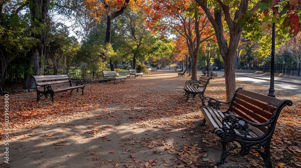Victorian park with ornate iron benches, towering oak trees, and colorful autumn leaves carpeting the ground Victorian park with ornate iron benches, towering oak trees, and colorful autumn leaves carpeting the ground