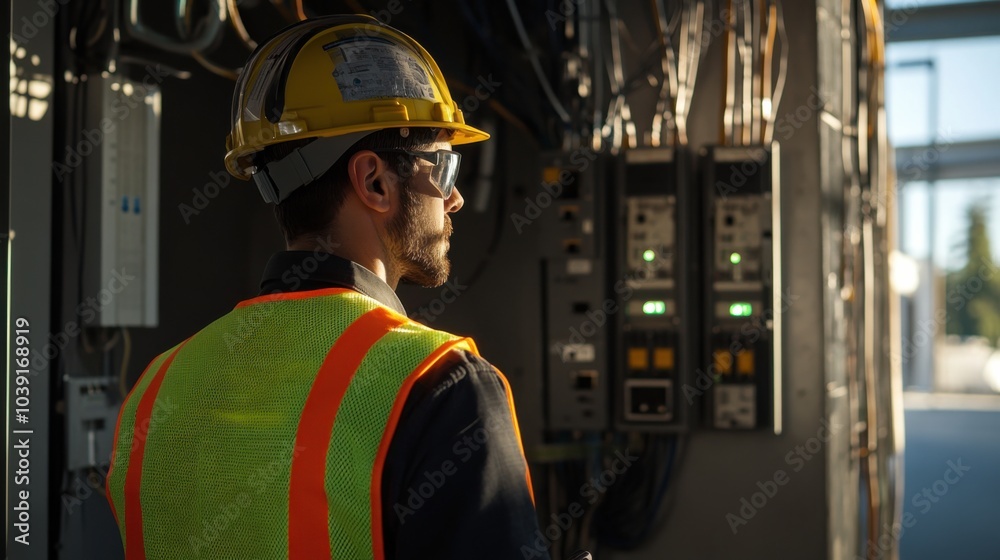 An electrician in a neon safety vest and helmet, inspecting electrical wiring, with a background of control panels An electrician in a neon safety vest and helmet, inspecting electrical wiring, with a background of control panels