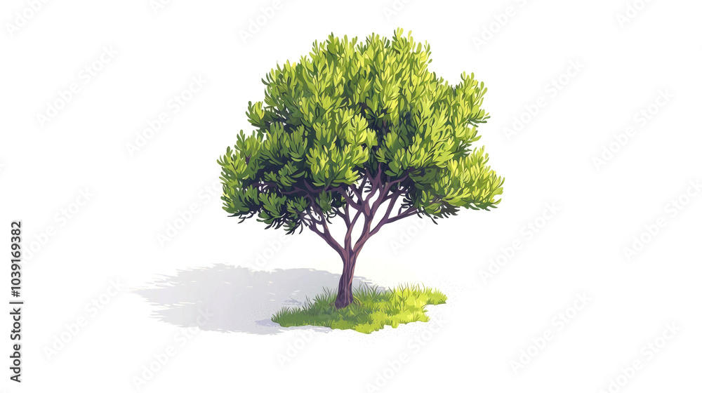 Obraz premium Single green tree with shadow isolated on white background.