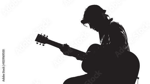 A man playing Guitar silhouette isolated on white background