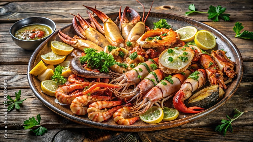 Seafood Platter A Rustic Feast of Crabs, Shrimps, and Scallops, Garlands of Lemon, and Sprigs of Fresh Herbs Seafood Platter A Rustic Feast of Crabs, Shrimps, and Scallops, Garlands of Lemon, and Sprigs of Fresh Herbs