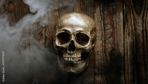 Eerie skull shrouded in mystical smoke against a dark, weathered wooden backdrop. A chilling scene of mystery and macabre allure.