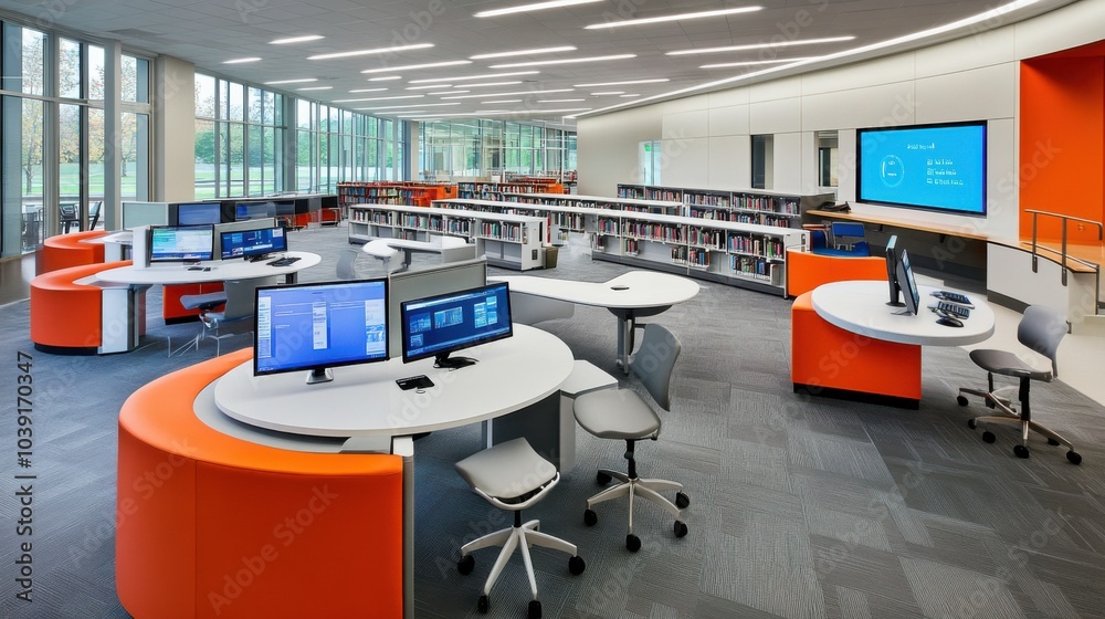 An advanced public library with digital reading stations offering interactive learning tools and an automated book sorting system for efficient access and organization An advanced public library with digital reading stations offering interactive learning tools and an automated book sorting system for efficient access and organization
