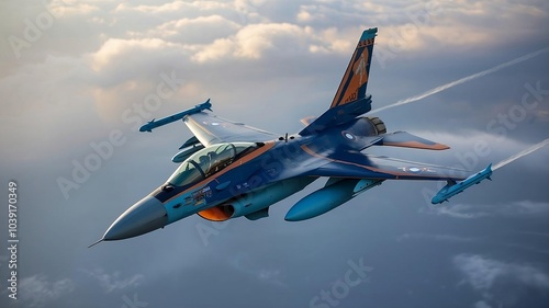 Fighter Jet in Action  Blue and Orange Warplane Flying Over Cloudy Sky with Contrails in the Background, concept war
