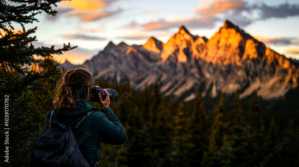 Fototapeta premium A photographer captures the beauty of a mountain range at sunset.