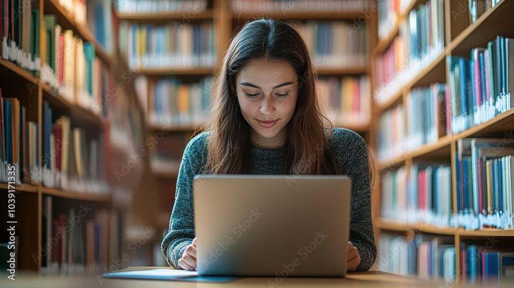 A student focused on a laptop in a library surrounded by shelves of books. A student focused on a laptop in a library surrounded by shelves of books.