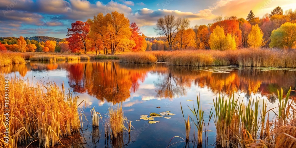 Fototapeta premium Serene Reflections of Autumn Hues on a Tranquil Pond with Lush Reeds and Sunlit Clouds