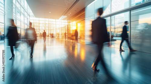 A bustling office lobby with people walking  illuminated by warm sunlight through large windows.