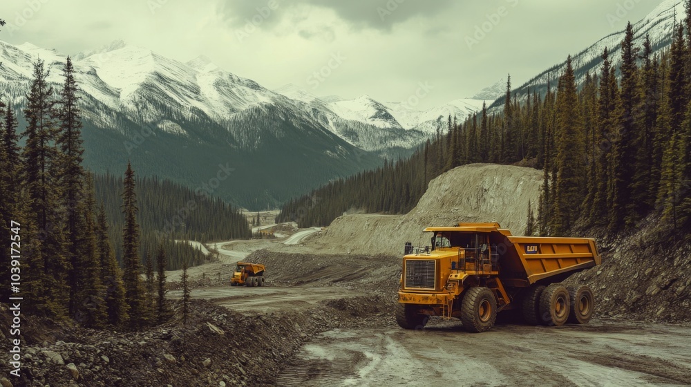 Heavy Equipment in Mountainous Quarry Environment