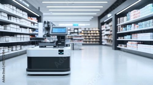 An advanced robotic retail store with automated checkout and inventory robots, Urban style, photo of