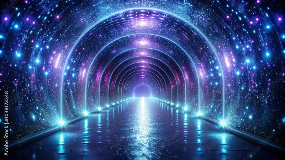 Naklejka premium An illuminated pathway through a cosmic tunnel of glowing rings, a journey into a fantastical realm where the stars shimmer with ethereal radiance