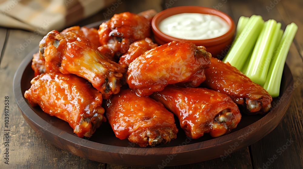 A plate of crispy buffalo wings with blue cheese dip and celery sticks. A plate of crispy buffalo wings with blue cheese dip and celery sticks.