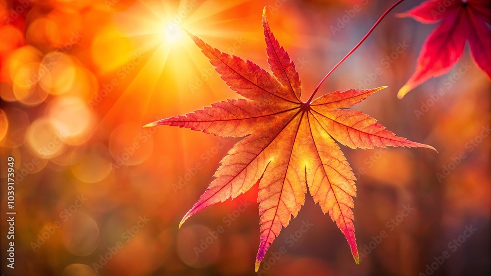 A Single Maple Leaf Bathed in Warm Autumn Sunlight, Its Veins Illuminated by a Golden Glow, Against a Blurred Background of Vibrant Hues A Single Maple Leaf Bathed in Warm Autumn Sunlight, Its Veins Illuminated by a Golden Glow, Against a Blurred Background of Vibrant Hues