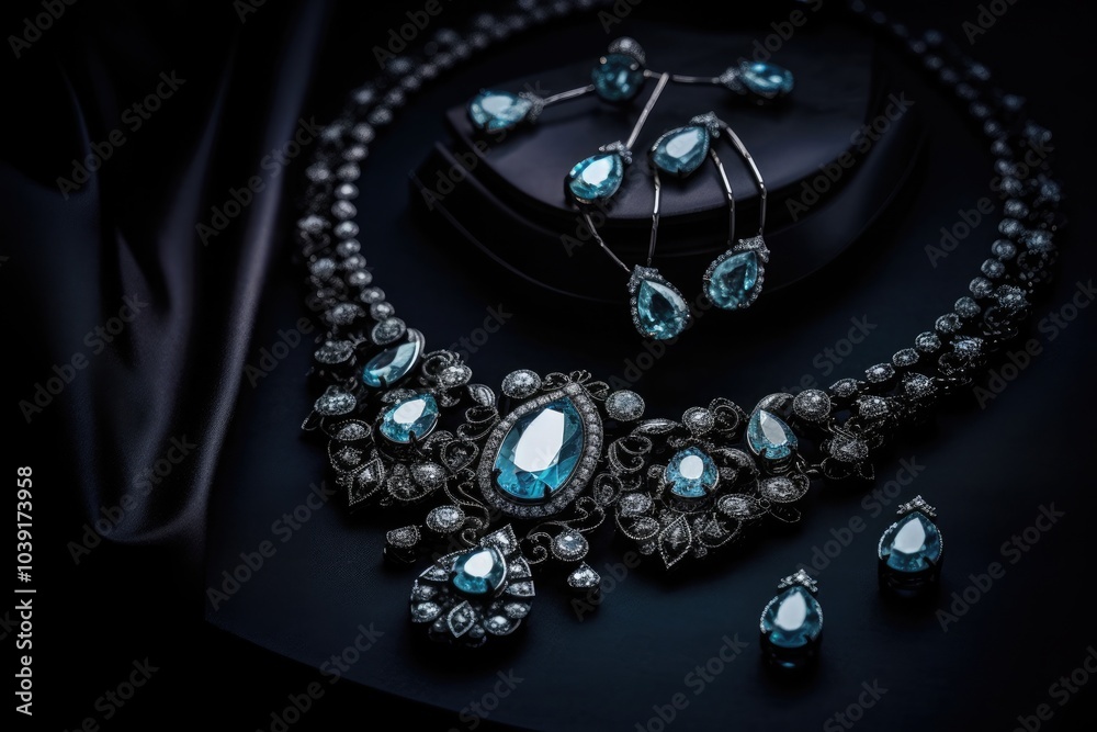 Necklace and earrings, pearl, stone, diamond, mannequin jewellery 
