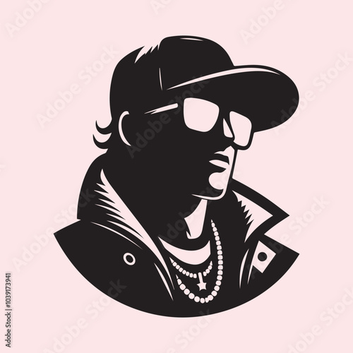 Cool rapper man in a baseball cap and sunglasses silhouette vector black and white