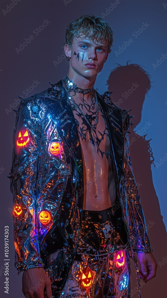 Fototapeta premium Stylish Halloween Fashion: Punk and Gothic Outfits Featuring Jack-O’-Lantern Designs | Trendy Halloween Streetwear and Costume Ideas