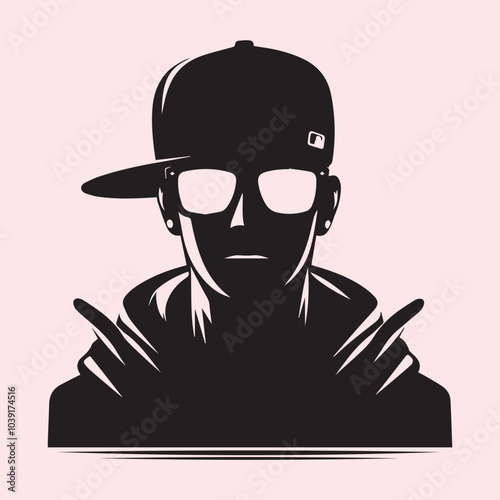 Cool rapper man in a baseball cap and sunglasses silhouette vector black and white