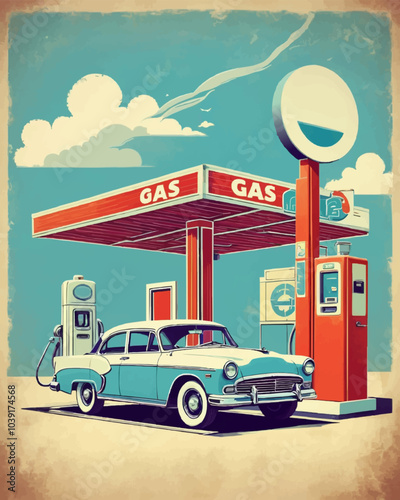 Car gas station in retro style. Classic car with gas station. Vector illustration.