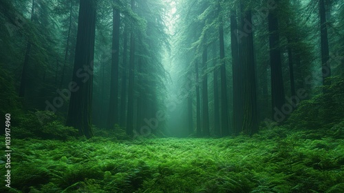 Lush forest scene with towering trees and vibrant ferns.