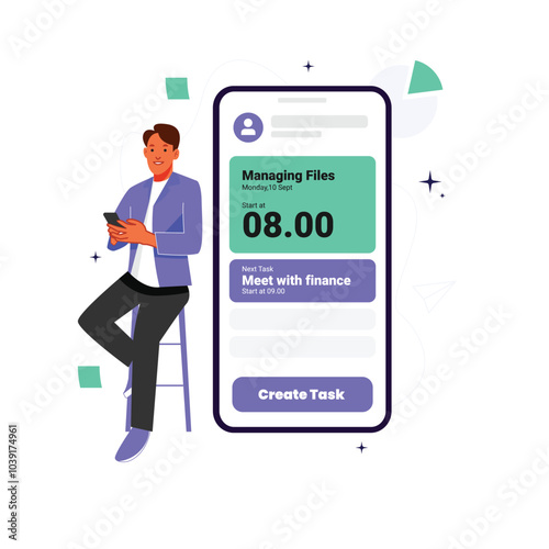 Vector of sitting male managing his task using task management apps on a phone