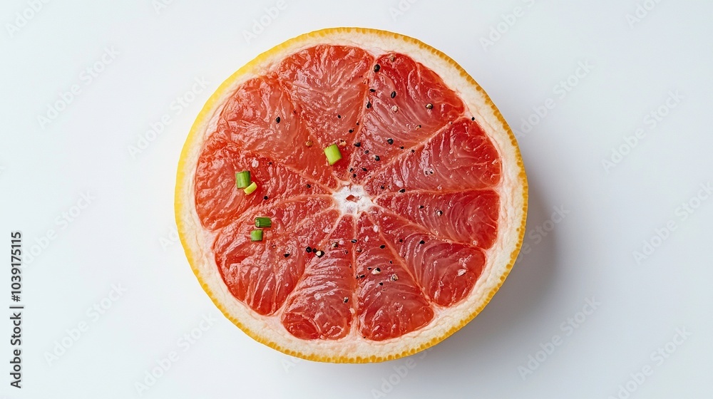 A Single Grapefruit Slice with Black Peppercorns and Green Onion A Single Grapefruit Slice with Black Peppercorns and Green Onion