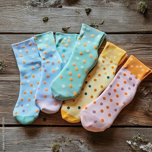 Playful socks with polka-dot patterns in contrasting pastel colors laid out in a flatlay style on a wooden surface. photo