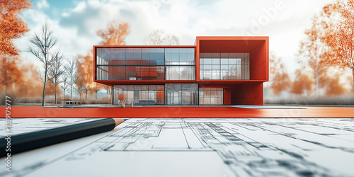 Modern red house project being built based on technical drawing plans photo